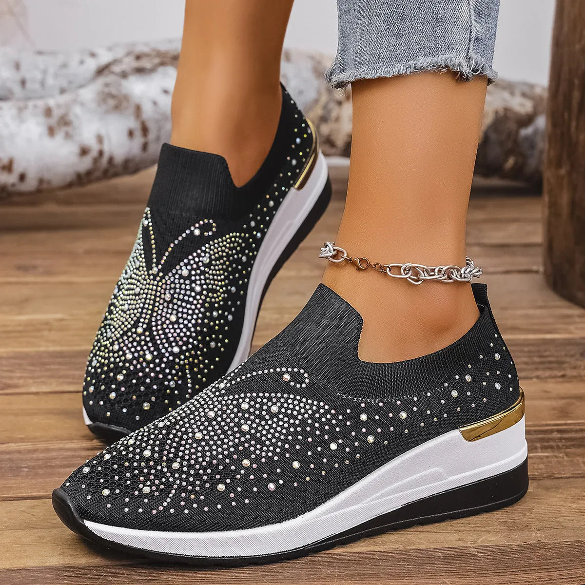 Women's wedge heel pumps with rhinestone detailing, round toe, slip-on design, breathable mesh upper, available in multiple colours and sizes 36-43