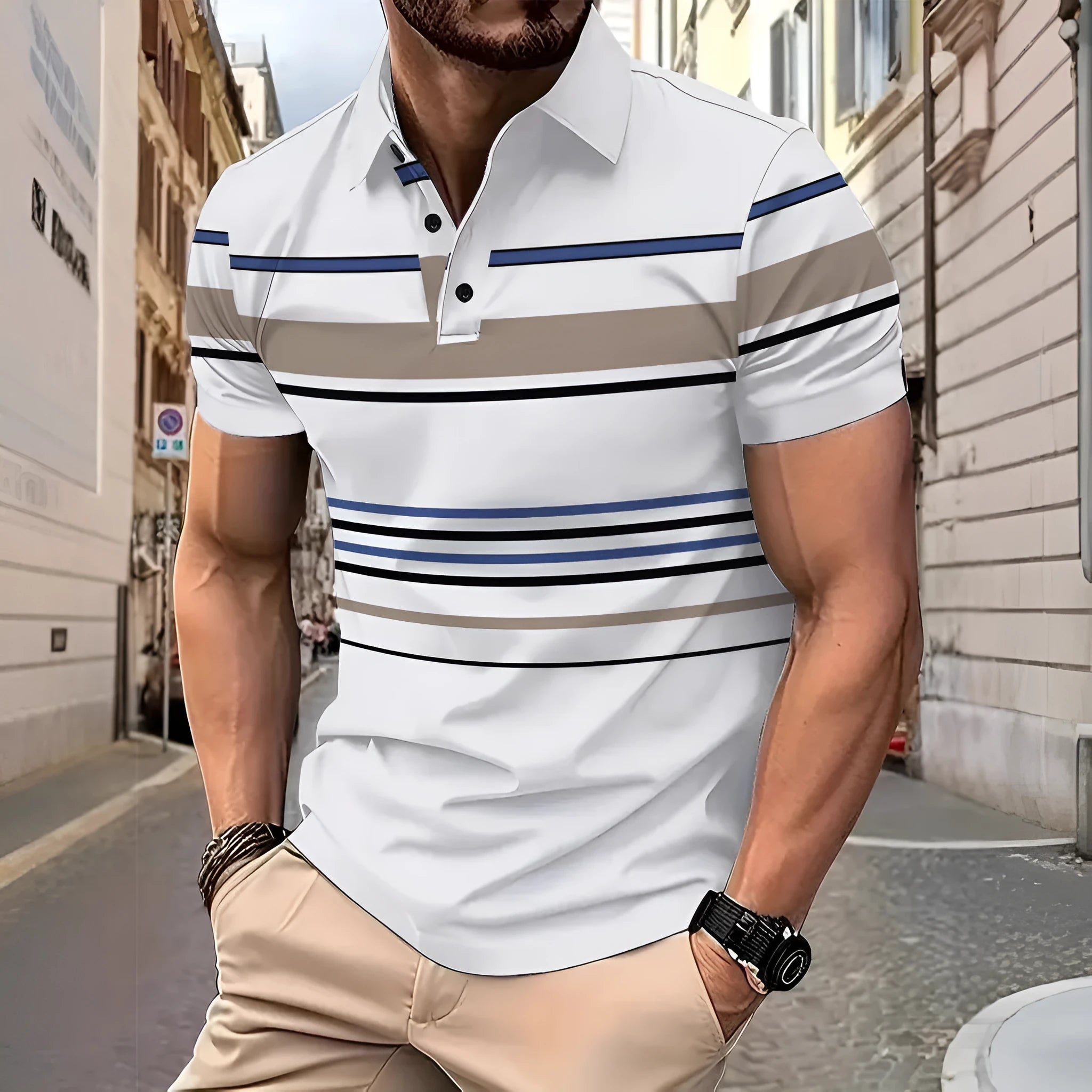 Men's white striped polyester short sleeve t-shirt for summer business casual wear