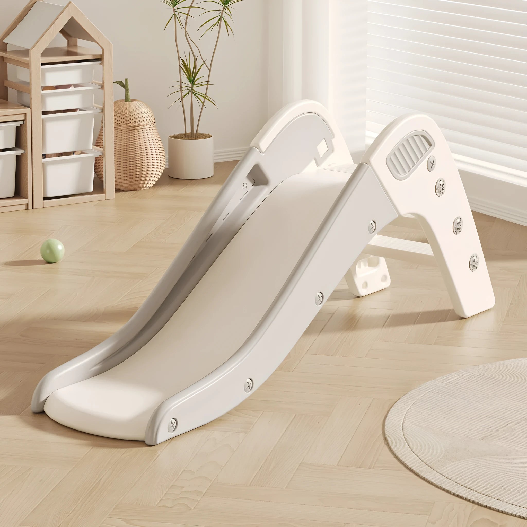 Small plastic baby slide for toddlers under 3 years in blue, yellow, brown, or grey