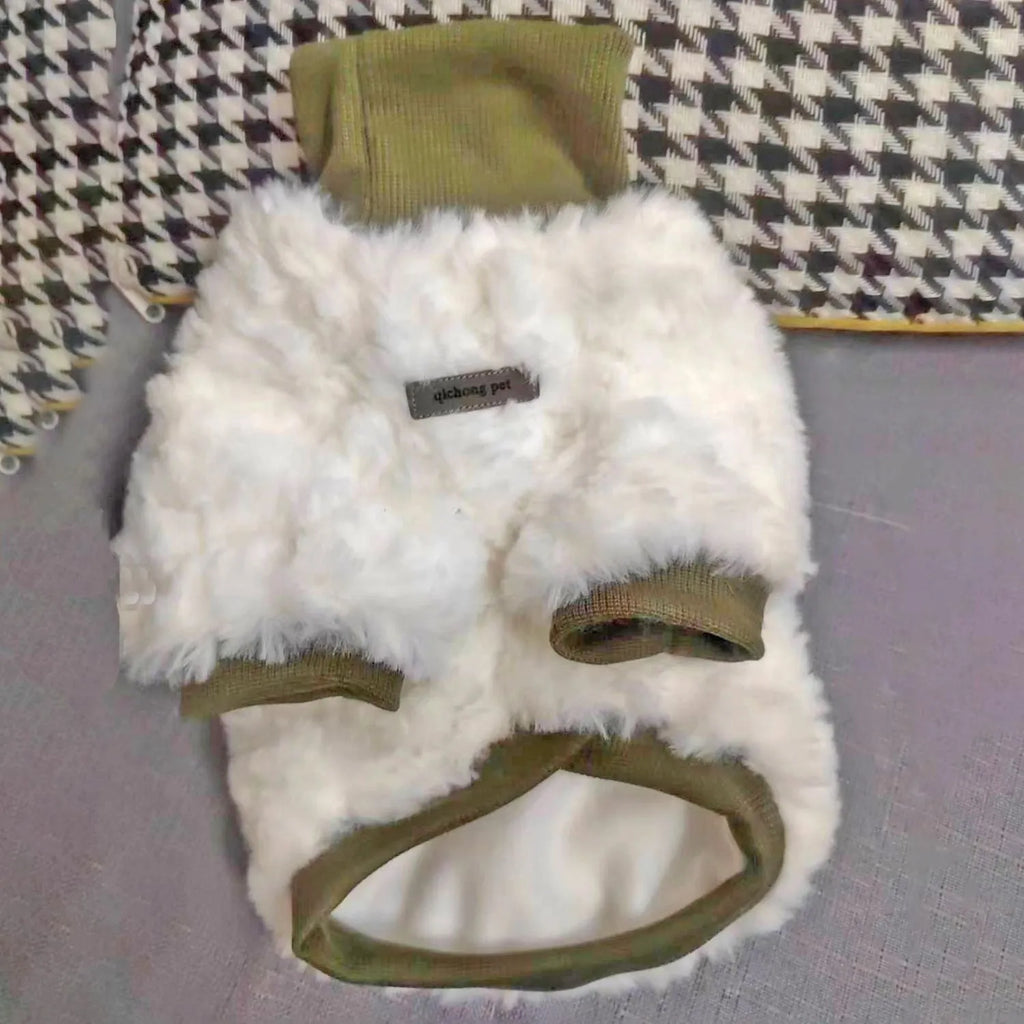 Creamy green turtleneck plush dog coat on a small dog, showing high collar design