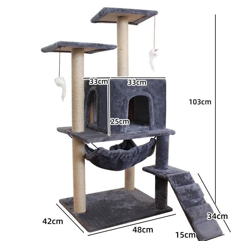 Cat climbing frame with scratching post made from environmentally friendly board in beige colour