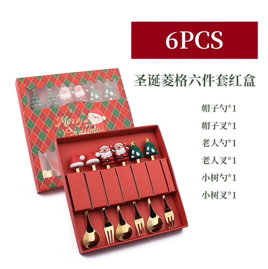 Red stainless steel Christmas spoon and fork set with snowman and Christmas tree designs on the handles.
