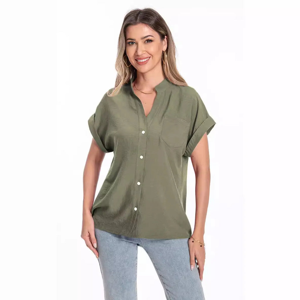 Women's stand collar button summer top in loose fit with short raglan sleeves