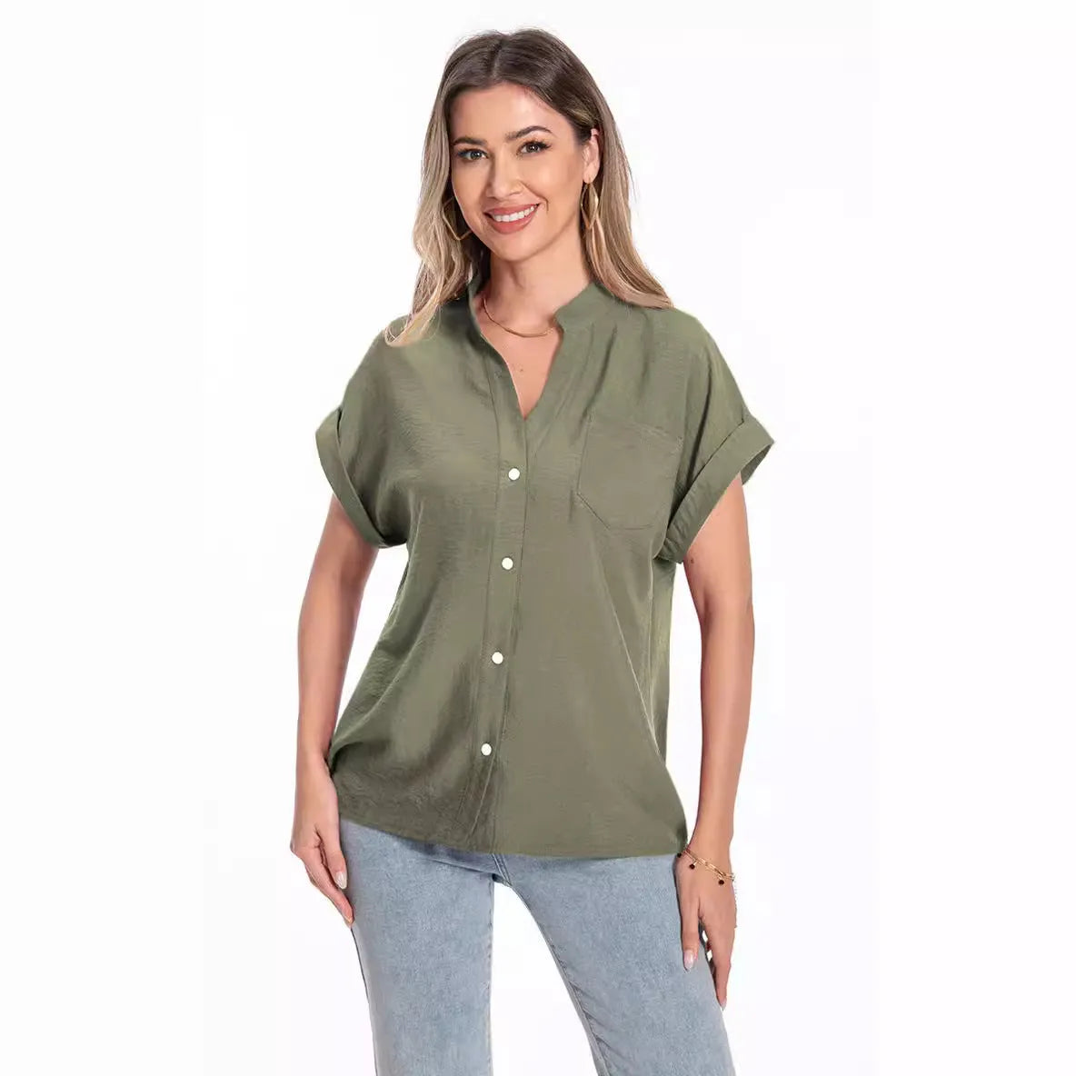 Women's stand collar button summer top in loose fit with short raglan sleeves