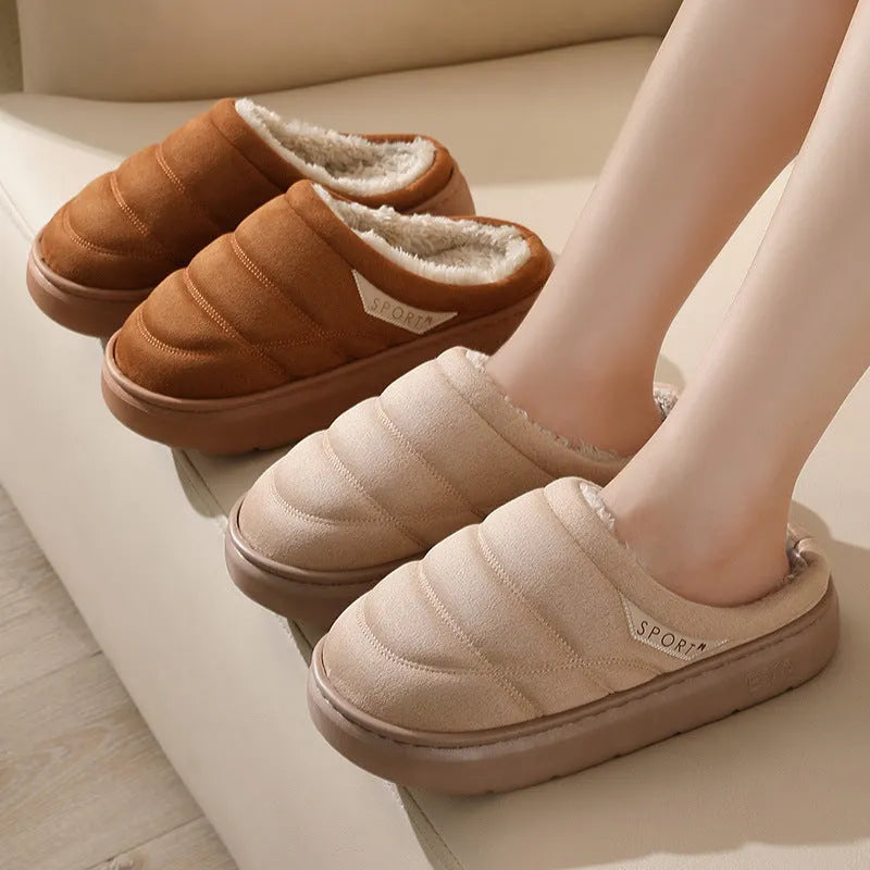 Plush indoor slippers with suede upper and EVA sole in grey, khaki, coffee, and camel