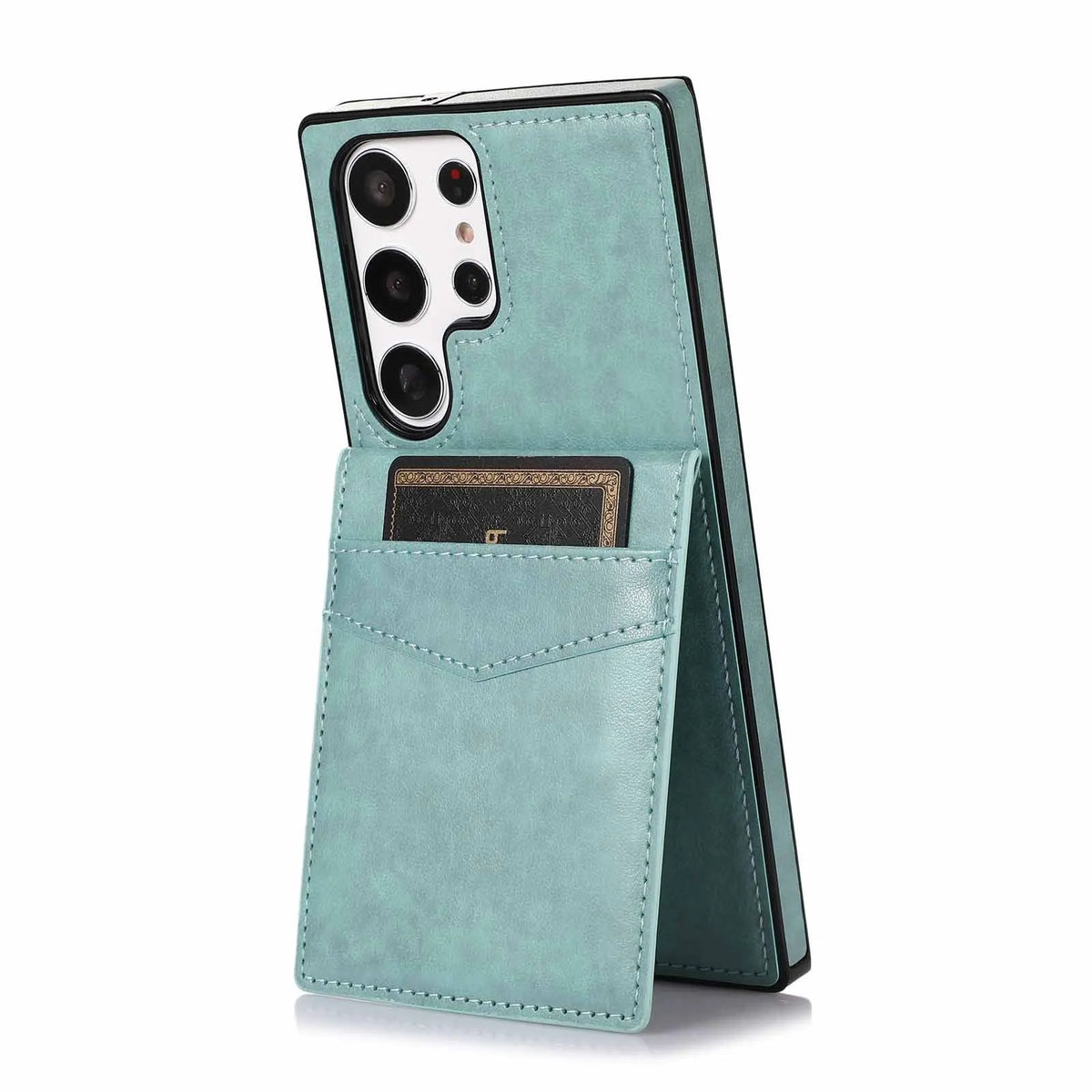 Samsung phone case with bracket and card slot in crazy horse pattern PU TPU, shown in black