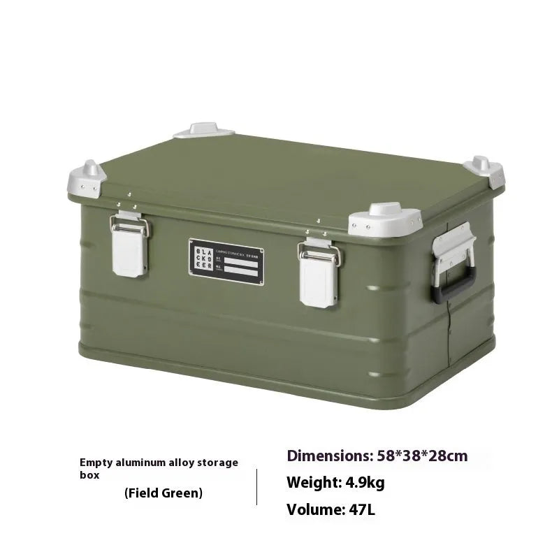 Field green aluminium alloy storage box for camping equipment with 58cm dimensions