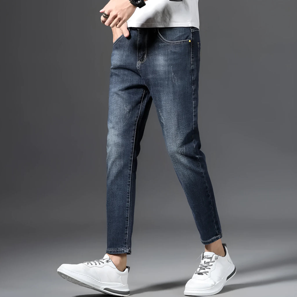 Men's stretch cotton jeans straight leg cropped Korean style blue grey washe