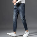 Men's stretch cotton jeans straight leg cropped Korean style blue grey washe