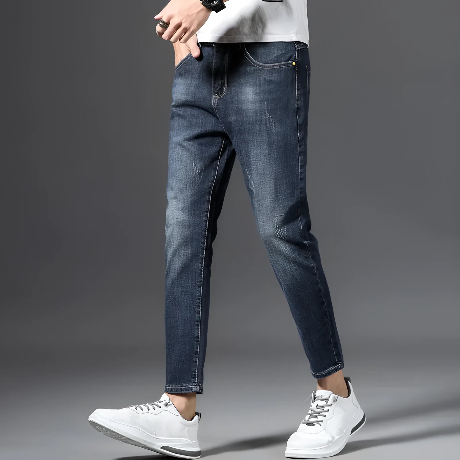 Men's stretch cotton jeans straight leg cropped Korean style blue grey washe