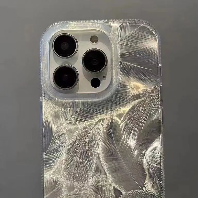 Silver grey feather pattern gradient TPU phone case with three-dimensional relief and half-pack design for iPhone