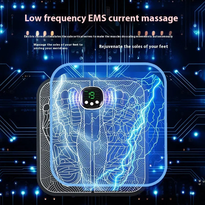 Blue rechargeable reflexology foot massager mat with remote control on a wooden floor