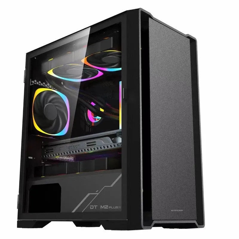 Black wide body tempered glass ITX computer case, SECC sheet steel, 35.6 x 21 x 42.2 cm