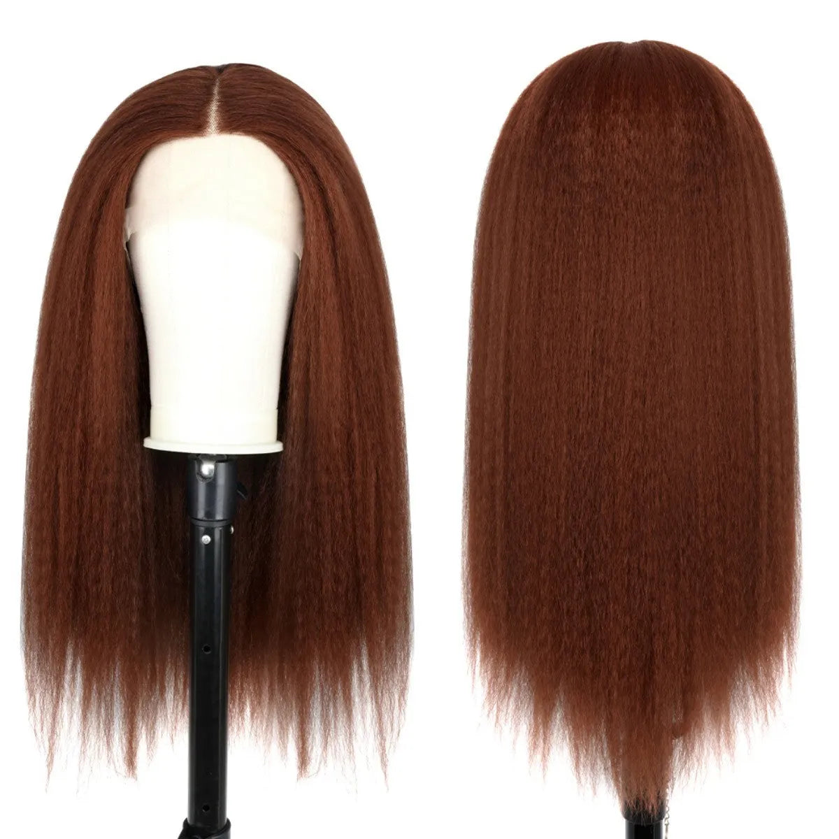 Medium split fluffy brown long straight hair wig 70cm length on neutral background
