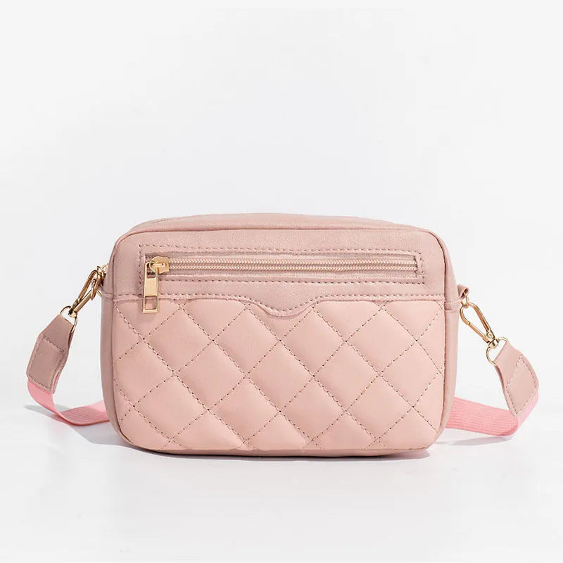 Ladies' single-shoulder embroidered crossbody small square bag in soft PU with diamond grid, 3D pocket, and file pocket.