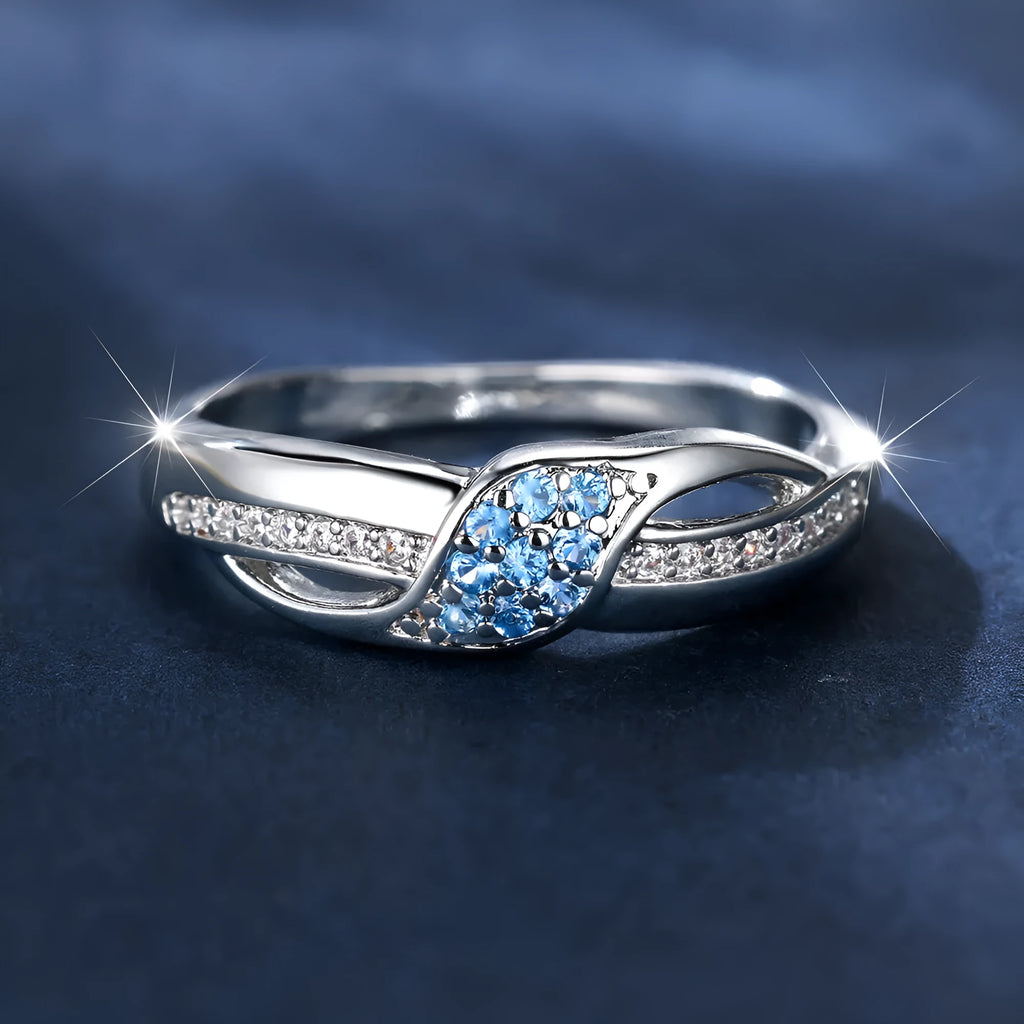 Copper geometric ring with sea blue diamond edge and white diamond leaf inlay, women's simple style