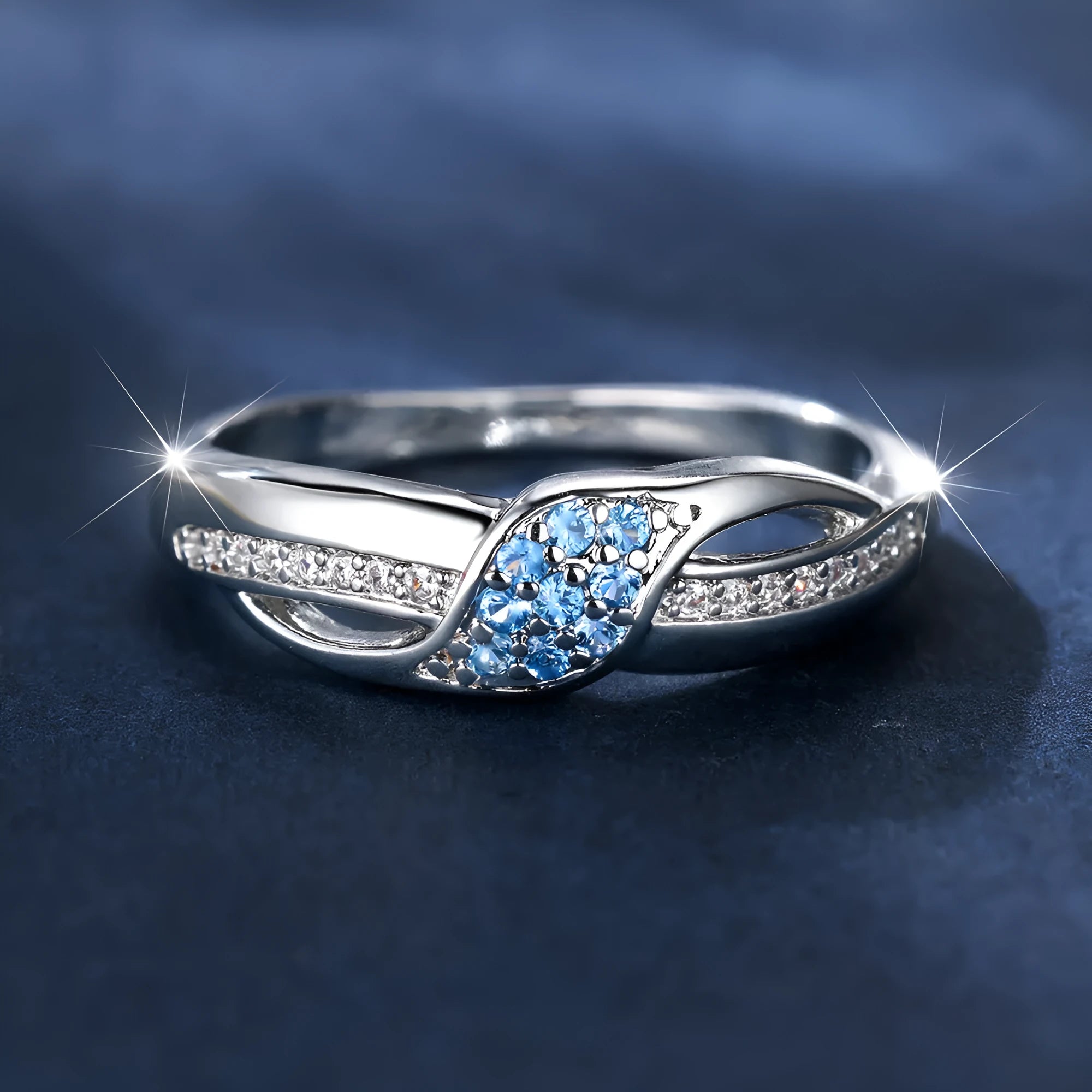 Copper geometric ring with sea blue diamond edge and white diamond leaf inlay, women's simple style