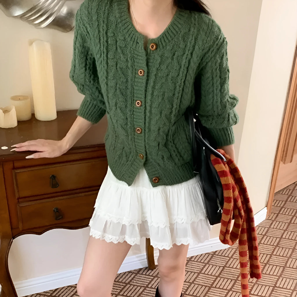 Women's thick needle twisted texture knitted cardigan in solid colour, short 40cm length, front view