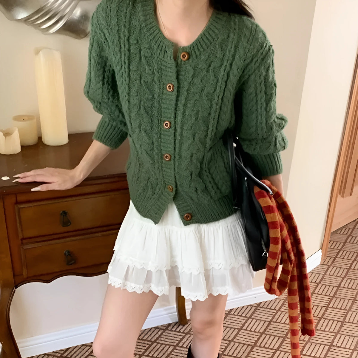 Women's thick needle twisted texture knitted cardigan in solid colour, short 40cm length, front view