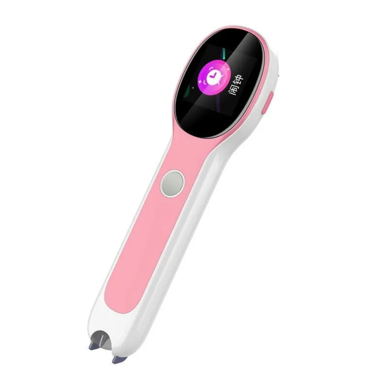 White electronic reading pen with USB charging cable for unlimited book compatibility and bilingual support