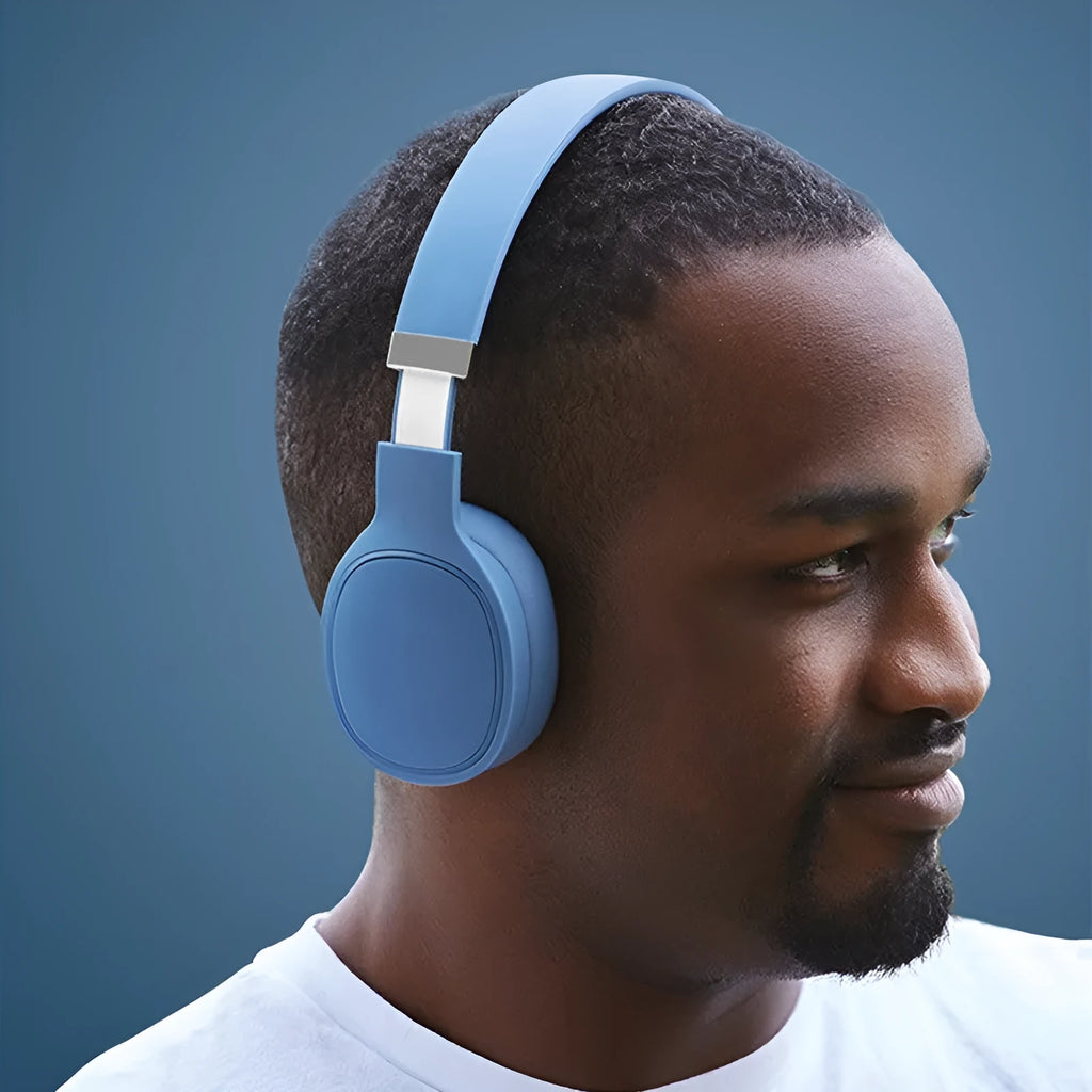 Wireless Bluetooth headset with wired connection between earpieces in black, white, blue or grey