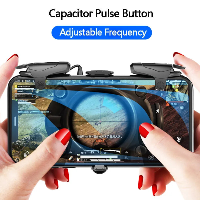 Blue and red mobile gamepad joystick button shooter controller in ABS and metal, 38mm x 32mm x 12mm