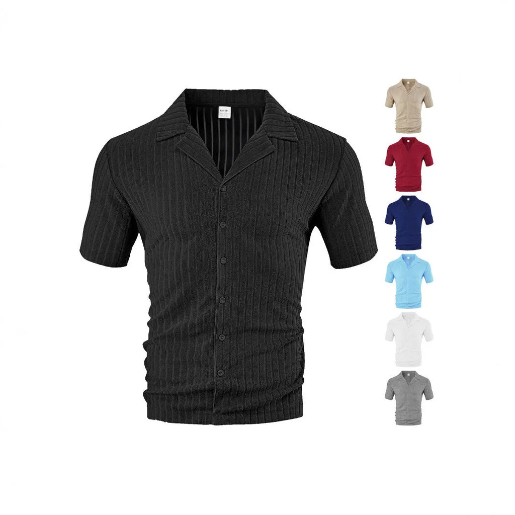 Men's loose casual short sleeve lapel cardigan in polyester, front view