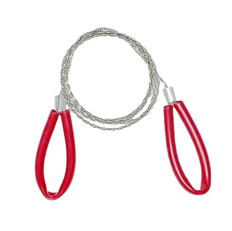 Black and red outdoor survival wire saw with leather case showing 600mm German stainless steel four-strand blade