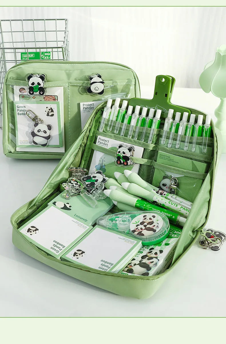 Green canvas pencil case with panda design showing 12-layer compartments open