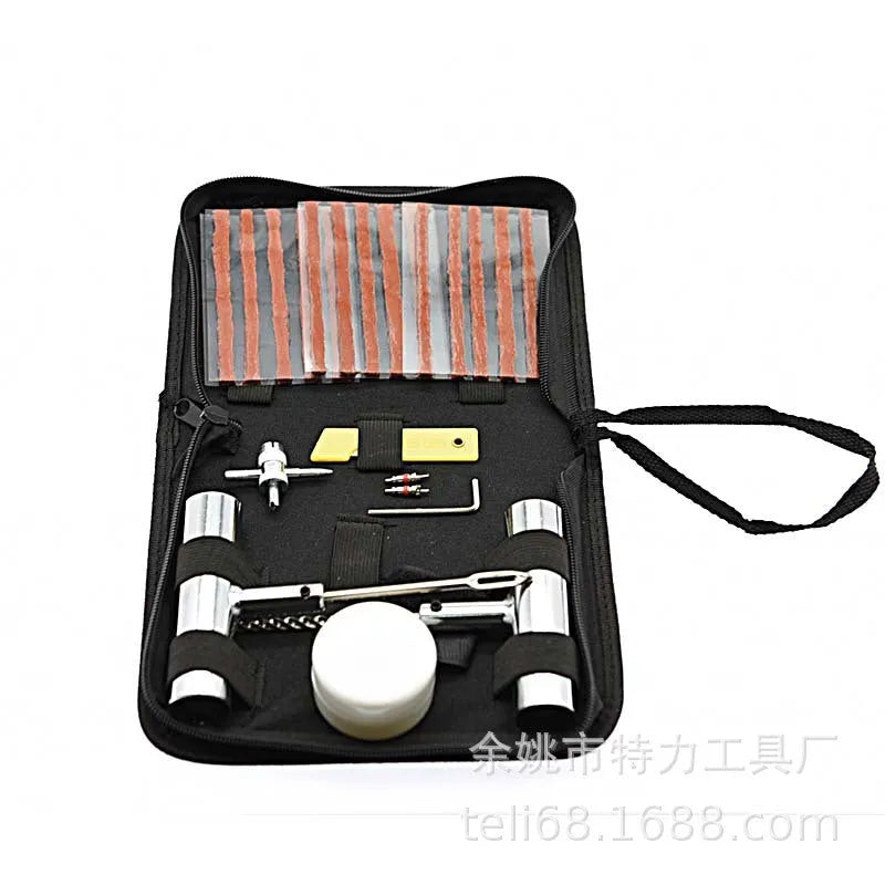 43-piece steel tyre repair kit in compact cloth storage bag for vehicle puncture emergencies