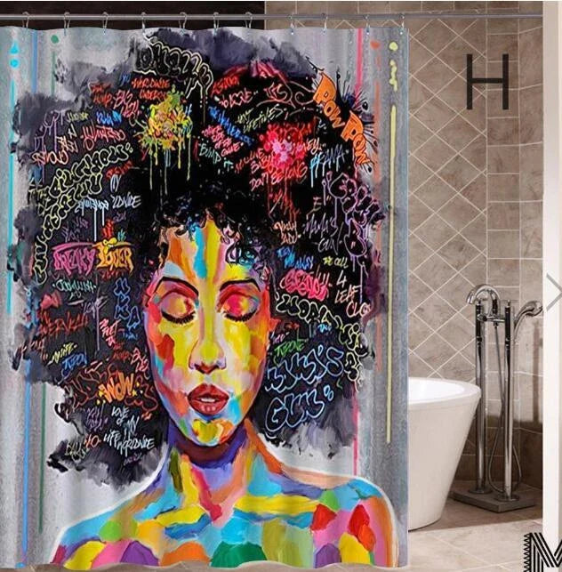 Vibrant Afro-urban printed shower curtain with modern building and African girl design