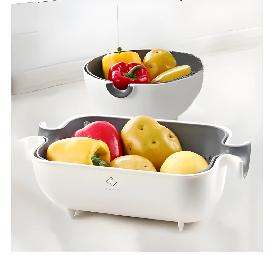 Double drain basket bowl in PP with fine holes, round or square, for washing fruit, vegetables and rice