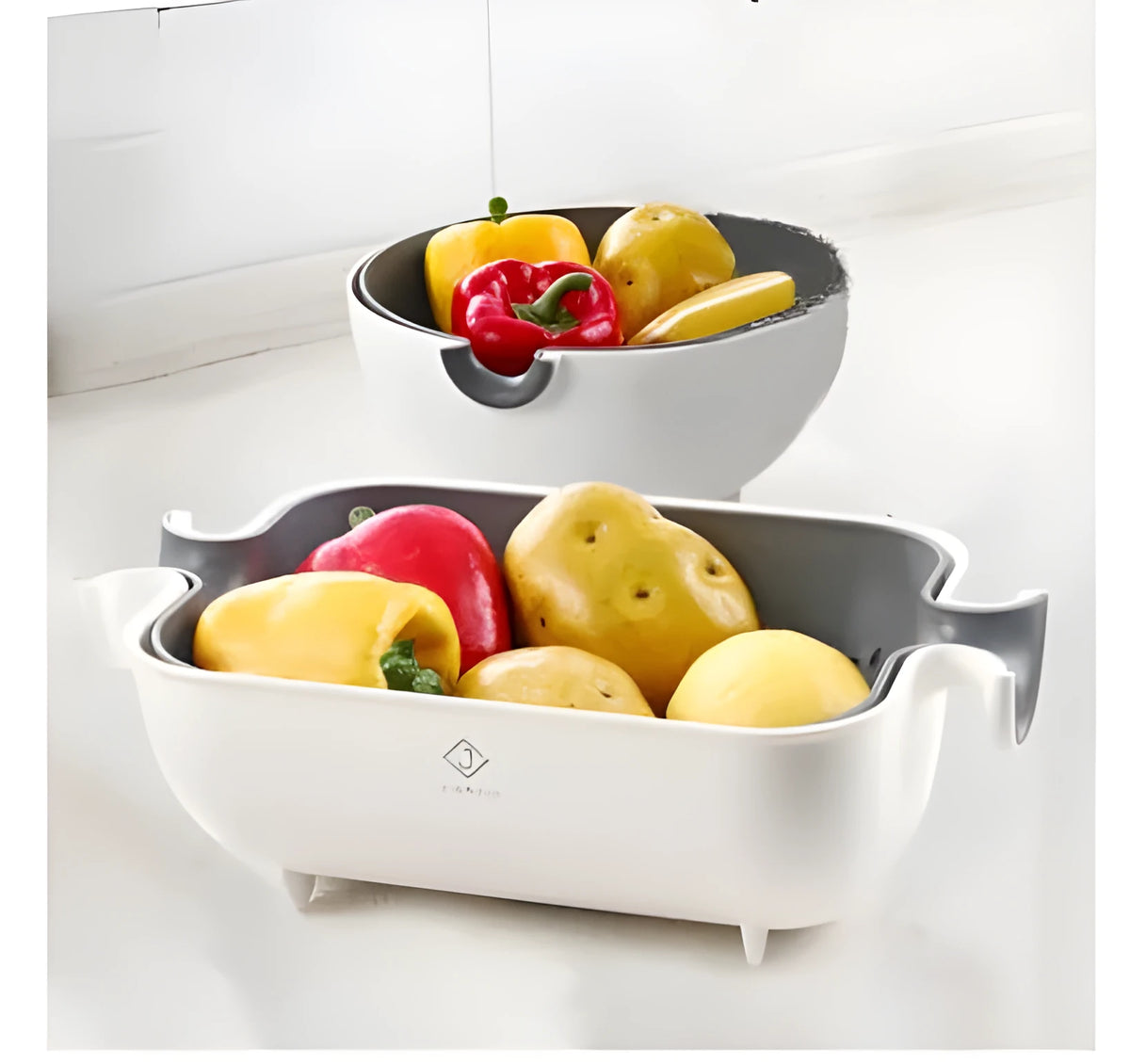 Double drain basket bowl in PP with fine holes, round or square, for washing fruit, vegetables and rice