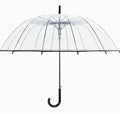 Long handle transparent umbrella with black steel frame and white canopy