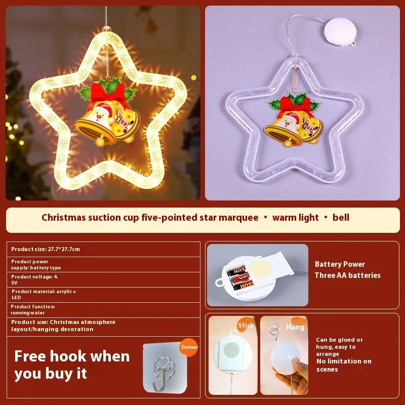 Illuminating 5-point LED star decoration with various festive designs, perfect for holiday decor on windows, doors, and more