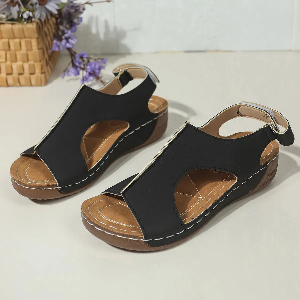 Women's plus size wedge sandals with Velcro fastening, PU upper, round toe, sizes 36-43