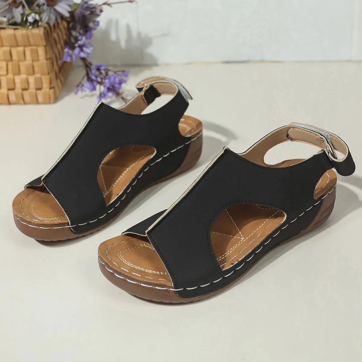 Women's plus size wedge sandals with Velcro fastening, PU upper, round toe, sizes 36-43