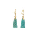 Amazonite rough stone trapezoid earrings in gold or silver with geometric octagon and quadrangle pastoral design.
