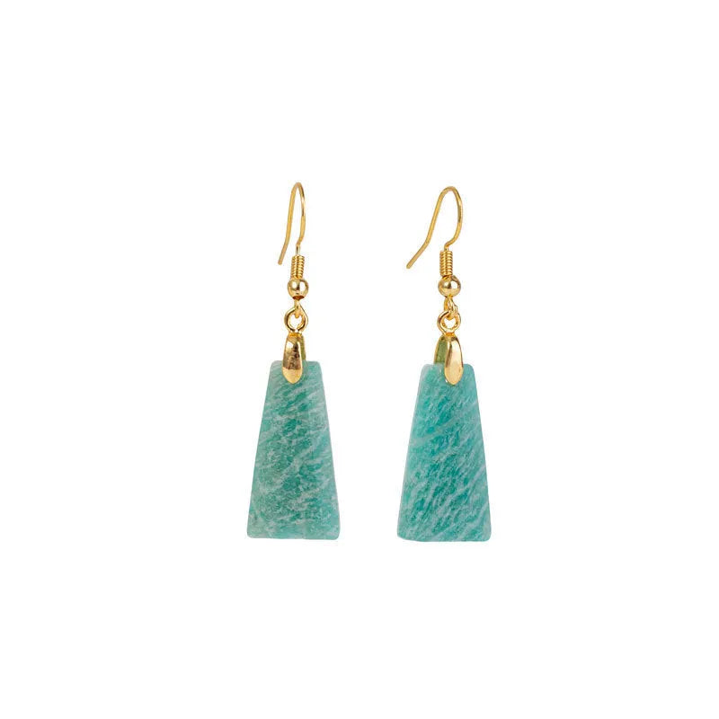 Amazonite rough stone trapezoid earrings in gold or silver with geometric octagon and quadrangle pastoral design.