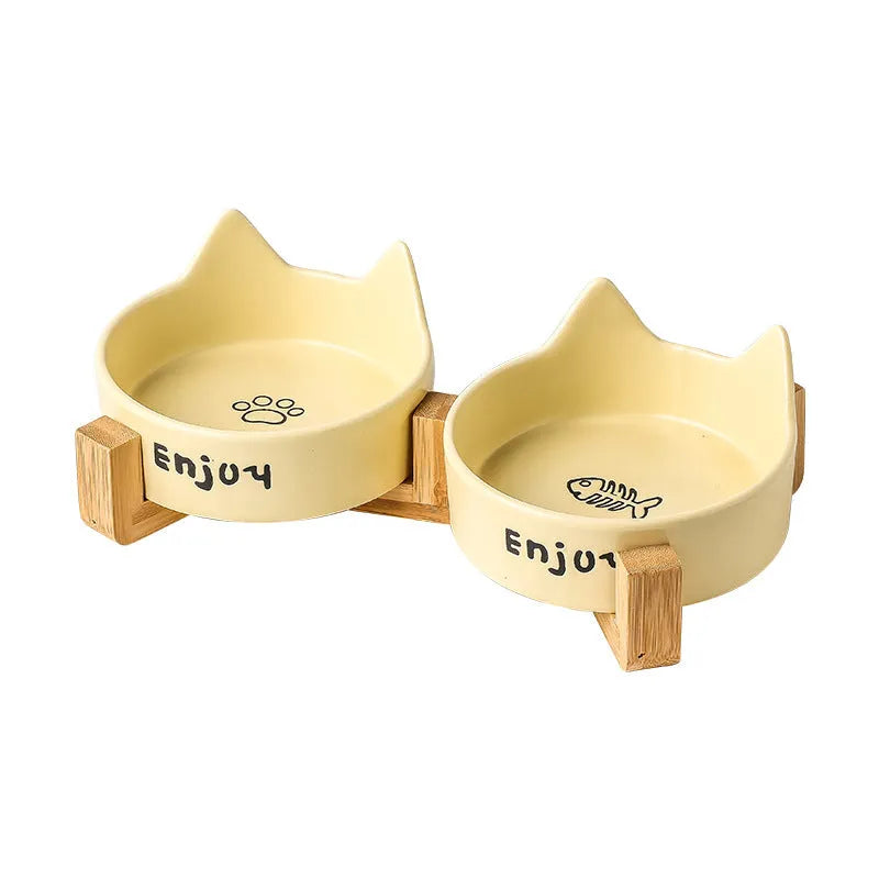 Porcelain cat bowl with cat ears rim and wooden anti-tumble frame in selected colour