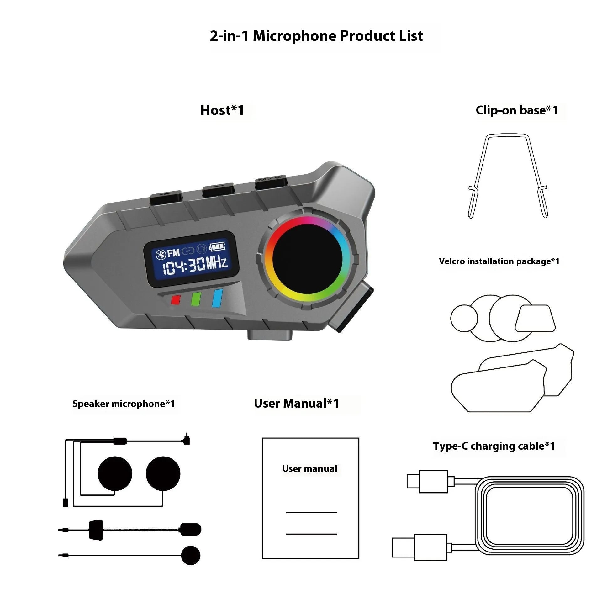 Motorcycle helmet Bluetooth headset with screen display in gray, showing battery and function status
