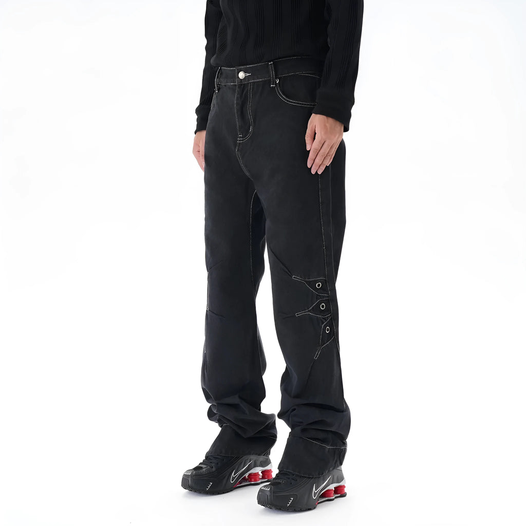 Black contrast colour loose machete denim jeans for men, wide leg trousers with zipper fly