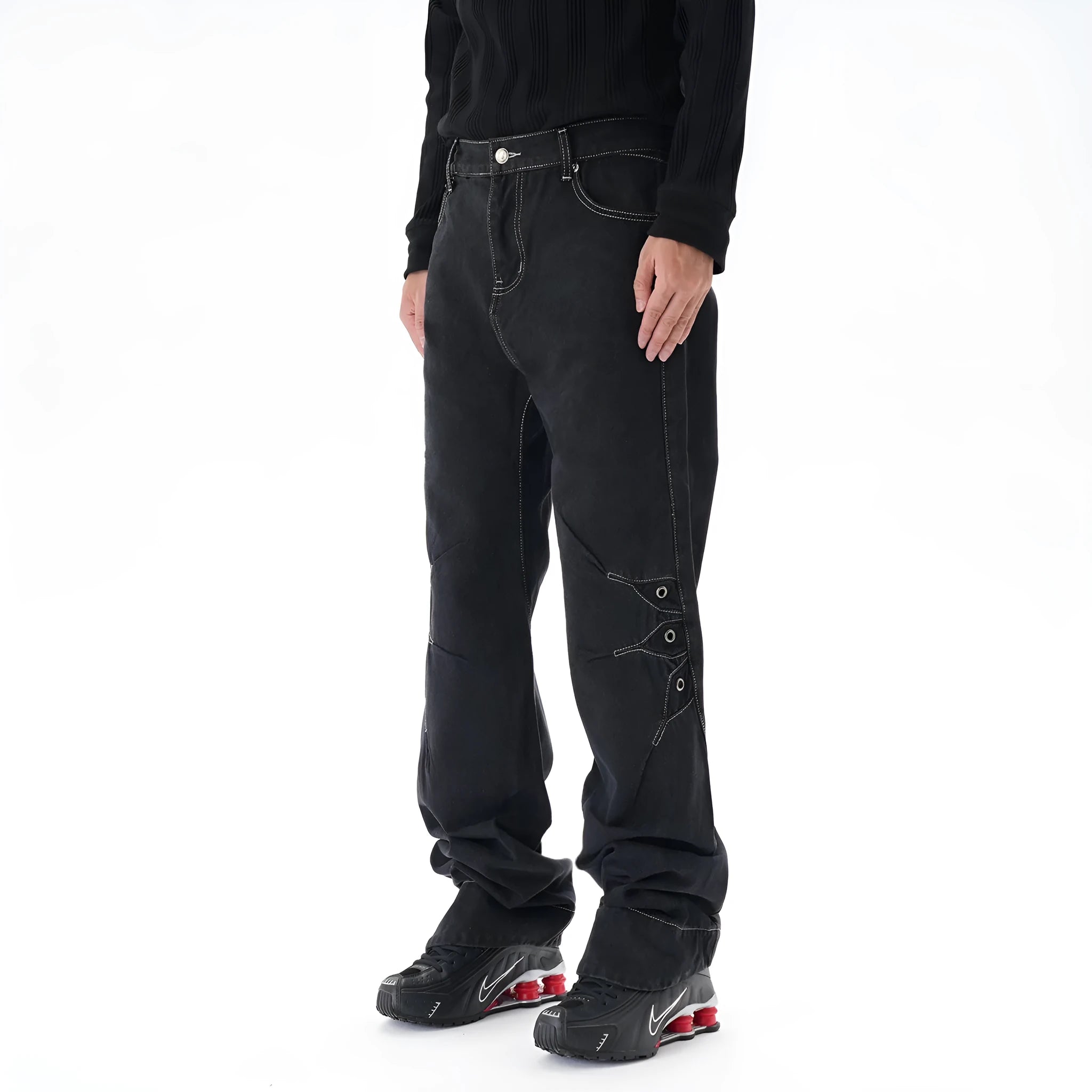 Black contrast colour loose machete denim jeans for men, wide leg trousers with zipper fly