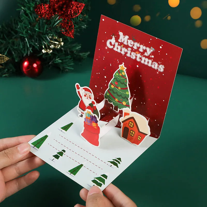 Three-dimensional blessing greeting card in fresh style with handmade cardboard construction, shown in cyan colour