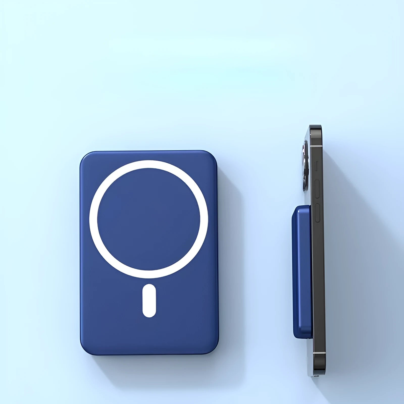 Small portable power bank with magnetic wireless charging for iPhone in black, blue or white colours