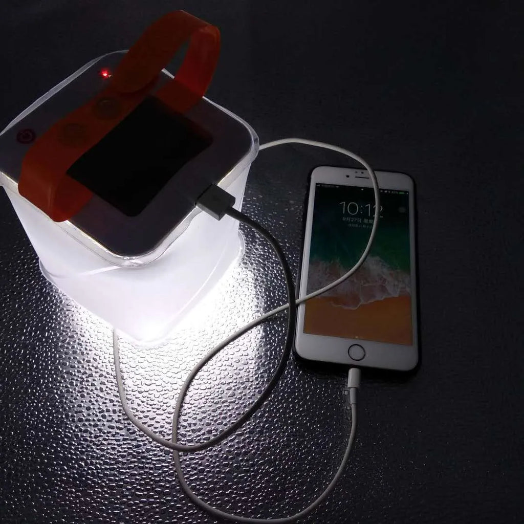 White inflatable solar camping lantern, TPU and acrylic board, 10.5x10.5x11cm, three LED modes