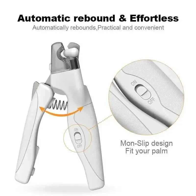 Rechargeable LED pet nail clippers with precision blades for dogs and cats, shown in blue or white