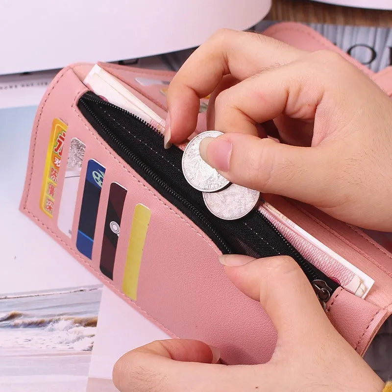 Women's tri-fold large capacity wallet in solid colour, soft PU leather with sewing thread detail