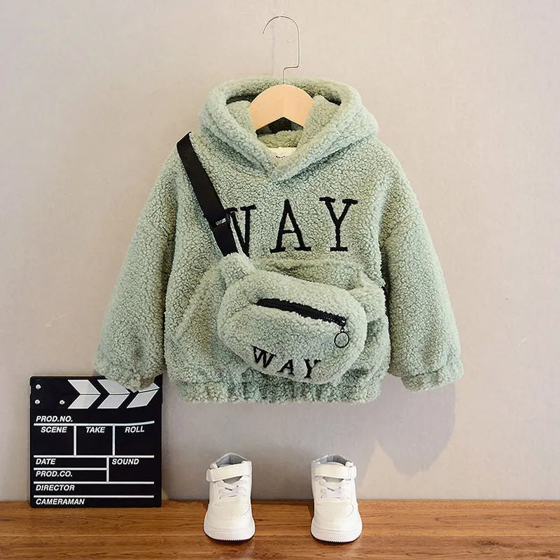A beige children's fleece jacket with an attached hood, featuring a cartoon pattern and long sleeves.