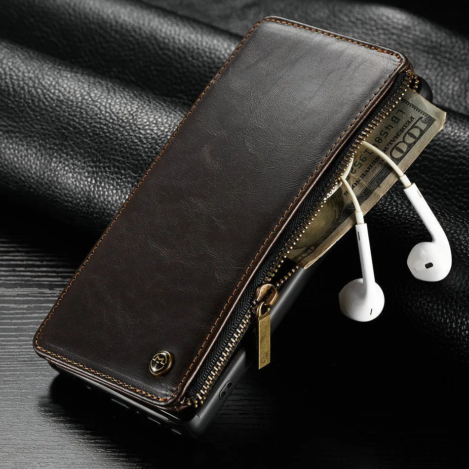 Black PU leather flip phone case for Samsung Galaxy Note9, shown open and closed.